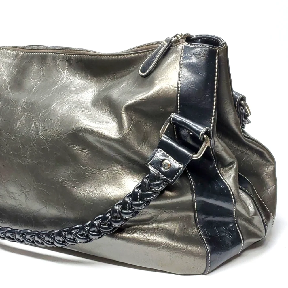Extra Large Metallic Taupe Black Braided Straps Faux Leather Tote Bag EUC